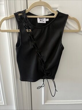 Princess Polly Black Ribbed Lace-Up Asymmetrical Tank